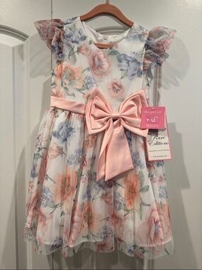 Rare Editions Floral Party Dress with Pink Bow